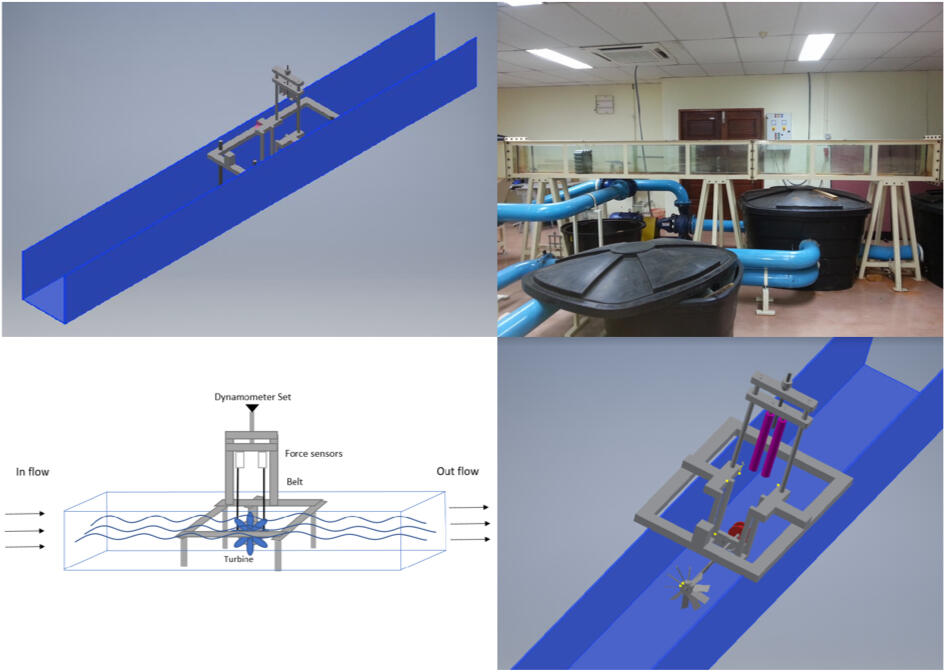 Open water channel tank in the laboratory and the design of dynamometer equipment to attach turbines and measuring components.